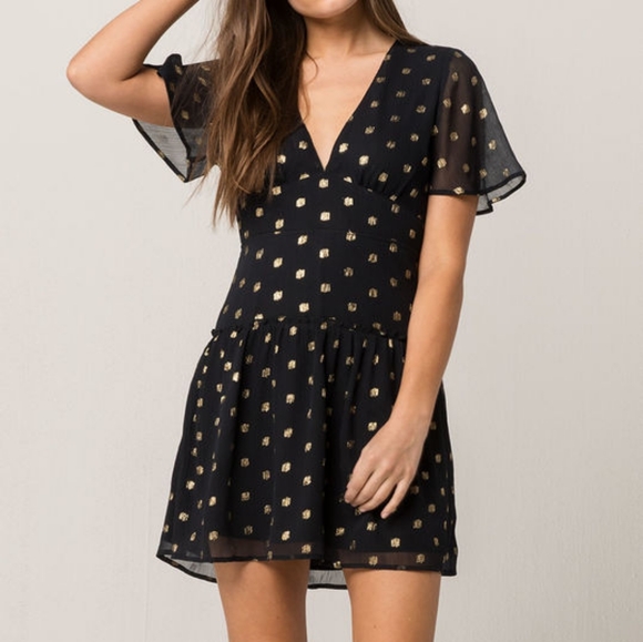 Backless Drop Waist Polka Dot Gold Little Black Dress Cocktail Party - Picture 1 of 7